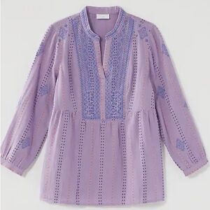 J. JILL Women’s Purple Cotton-Gauze Embroidered Popover Boho Peasant Top | XS